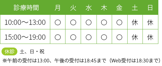 文京区本郷三丁目の皮膚科 やおさか皮フ科クリニックの診療時間は（月・火・水・木・金）10：00～13：00　15：00～19：00  休診日：土曜・日曜・祝日