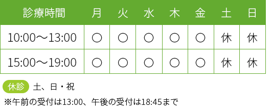 文京区本郷三丁目の皮膚科 やおさか皮フ科クリニックの診療時間は（月・火・水・木・金）10：00～13：00　15：00～19：00  休診日：土曜・日曜・祝日