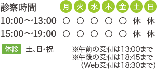 文京区本郷三丁目の皮膚科 やおさか皮フ科クリニックの診療時間は（月・火・水・木・金）10：00～13：00　15：00～19：00  休診日：土曜・日曜・祝日