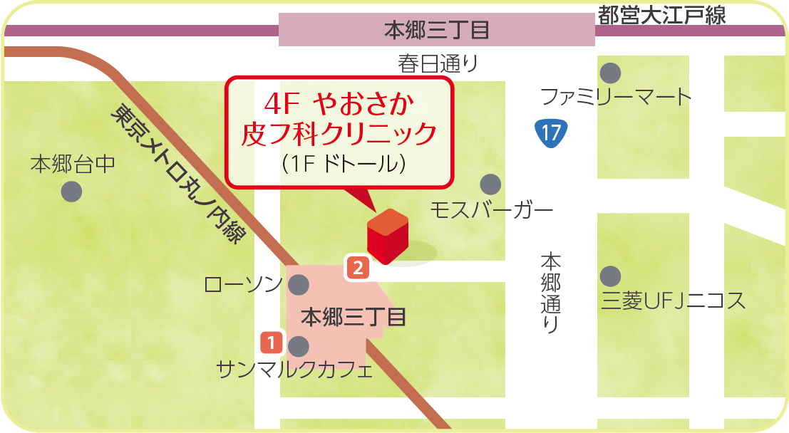 やおさか皮フ科クリニックは丸の内線｢本郷三丁目駅｣より徒歩1分の本郷協同ビル4階にございます。